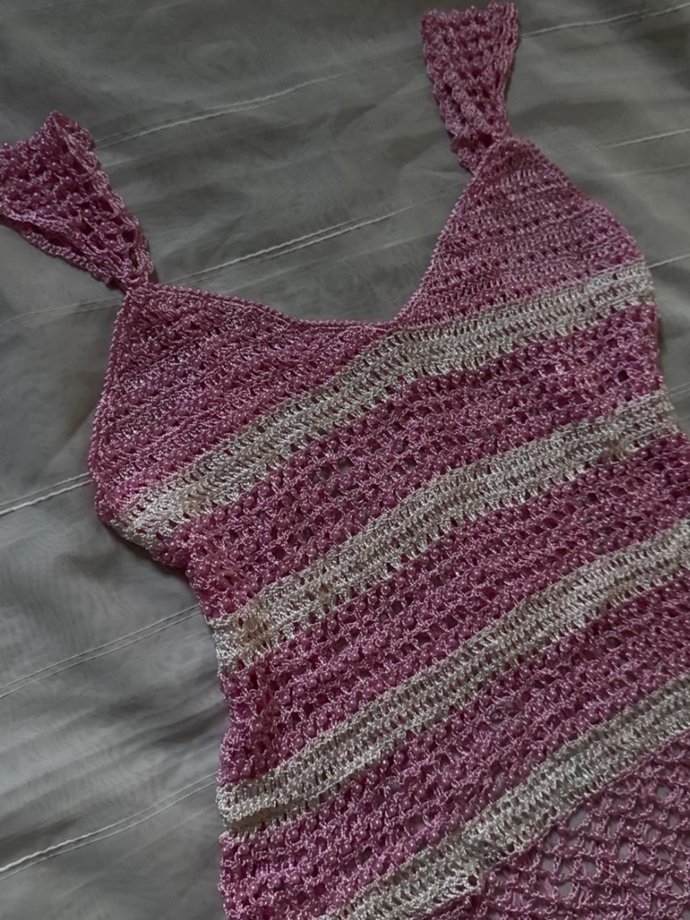 Cache Pink and White Crochet Fringe Beaded Tank - Picture 2 of 6